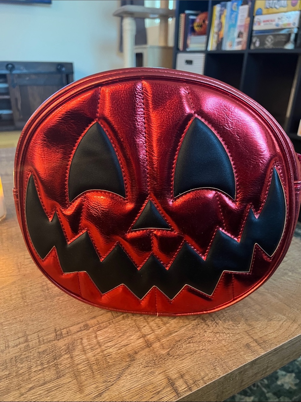 Love Pain and Stitches Metallic Red Pumpkin Face Crossbody Bag